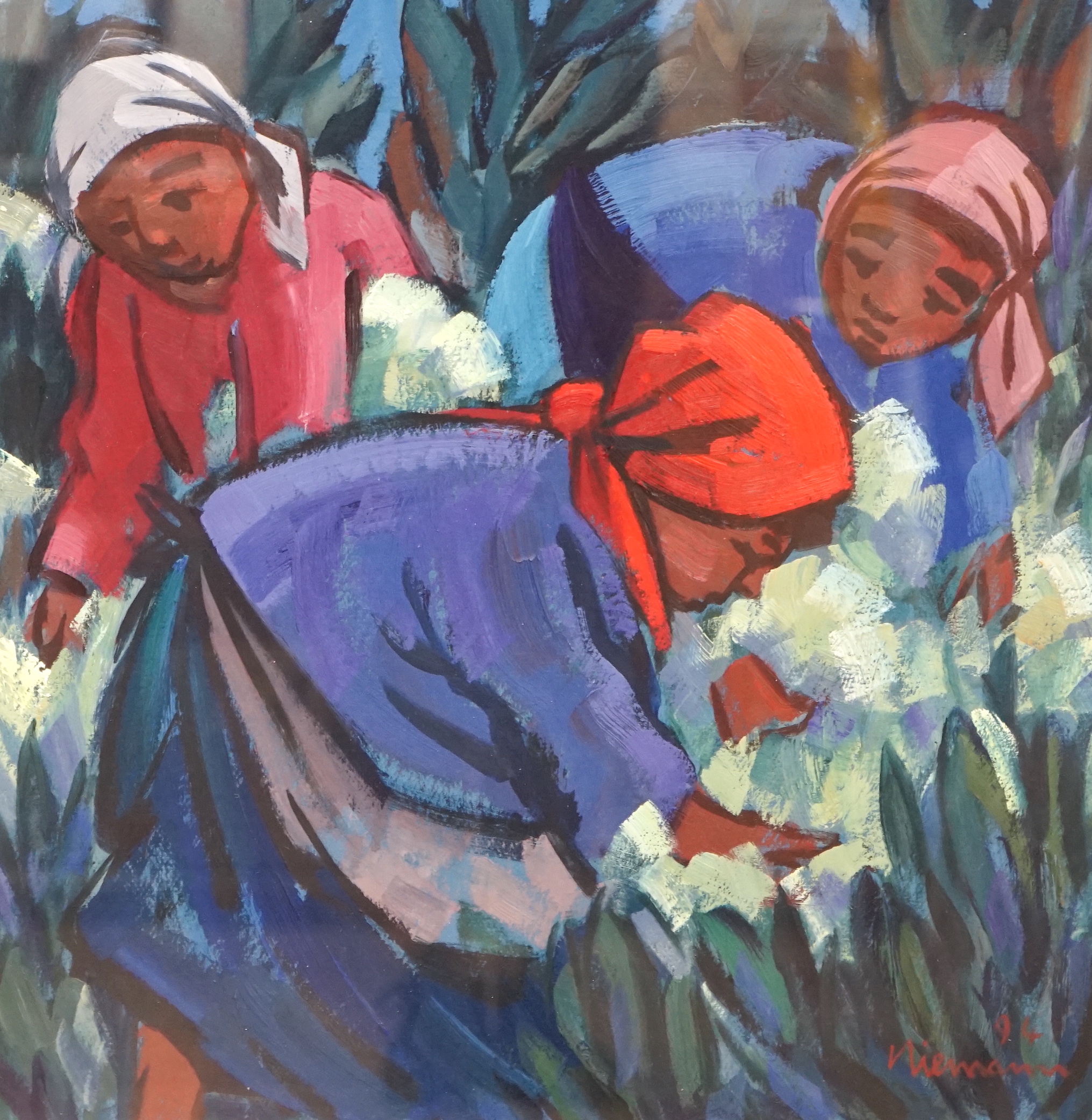 Hennie Niemann (SA, born 1941), oil on card, Harvesters, signed and dated '94, 47 x 46cm